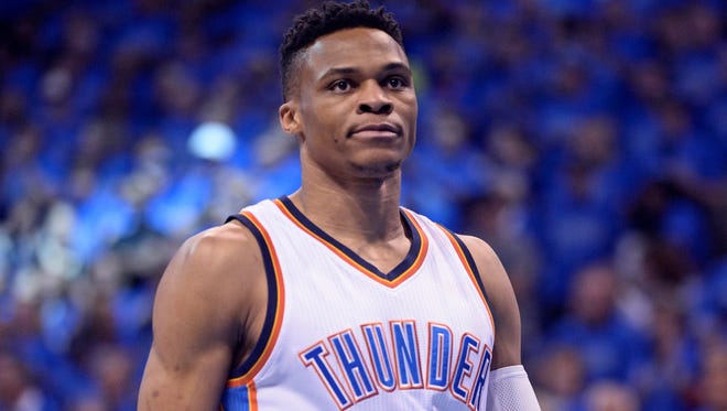 May 28, 2016; Oklahoma City, OK, USA; Oklahoma City Thunder guard Russell Westbrook (0) reacts before the game against the Golden State Warriors in game six of the Western conference finals of the NBA Playoffs at Chesapeake Energy Arena. Mandatory Credit: Mark D. Smith-USA TODAY Sports