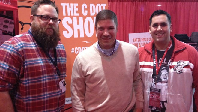 Reds Director of Player Development Jeff Graupe joined Enquirer writer C. Trent Rosecrans (left) and comedian Josh Sneed for the December C Dot Show live from Redsfest on Saturday.