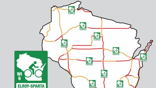 
The WisDOT request for proposals from consultants will produce a plan and initial segments of our bold vision for a statewide bike route system that connects existing trails with the best roads for cycling and looks for opportunities to add new trails. Note the image above is just a representation of our vision and the final project will be different and use standard signs.
