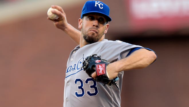 Royals starting pitcher James Shields throws a pitch Oct. 26 against the Giants in the World Series.