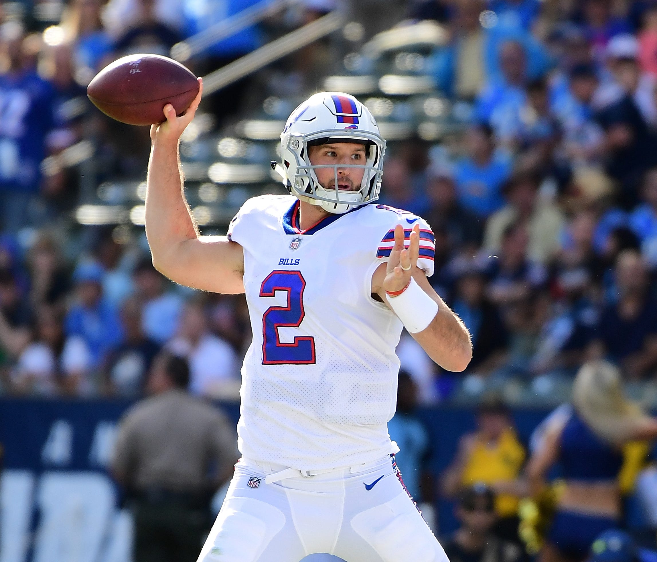 Nathan Peterman of the Buffalo Bills throws a pass during the first quarter of the game against the Los Angeles Chargers at the StubHub Center on November 19, 2017 in Carson, California.