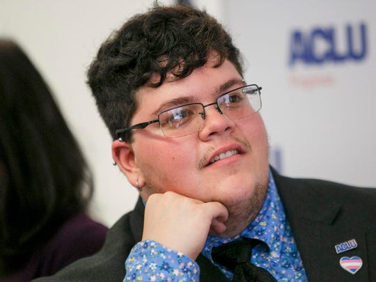 Gavin Grimm speaks at a 2019 news conference held by the American Civil Liberties Union in Norfolk, Va. Grimm won his case for transgender bathroom rights at a federal appeals court Wednesday.