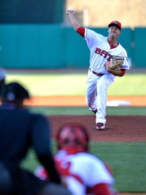 Bats pitcher Robert Stephenson Throws out the first pitch to start the home season against Toledo at Louisville Slugger Field, Thursday, Apr. 14, 2016 in Louisville Ky.