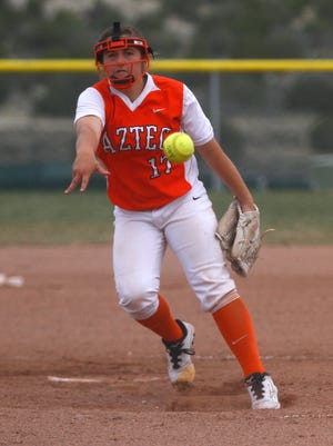 Aztec's Paige Adair pitches against Piedra Vista on April 11, 2015, at the Aztec Tiger Sports Complex in Aztec.