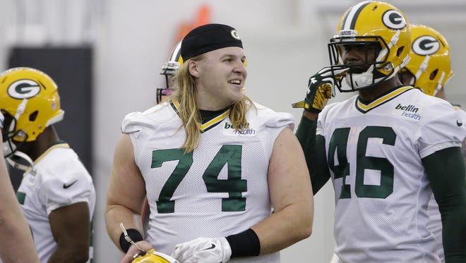Green Bay Packers Matt Rotheram (74) drills during rookie camp practice in the Don Hutson Center.