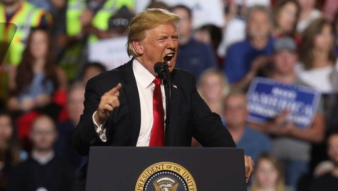 President Donald Trump addresses the audience at a Make America Great Again rally at the Four Seasons Arena at Montana ExpoPark, Thursday, July 5, 2018, in Great Falls, Mont., in support of Rep. Greg Gianforte, R-Mont., and GOP Senate candidate Matt Rosendale.