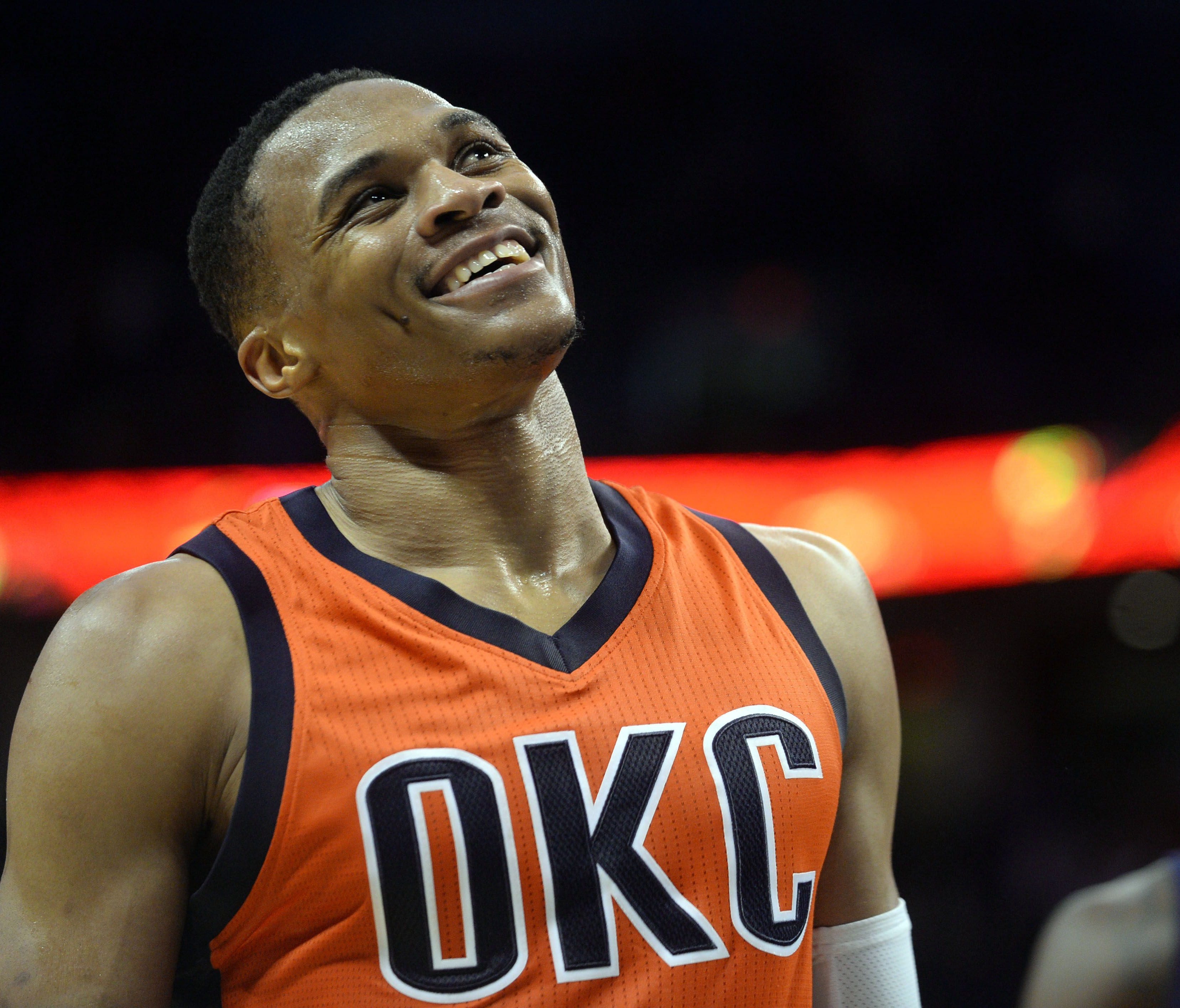 Oklahoma City Thunder guard Russell Westbrook smiles after a play against the Boston Celtics during the fourth quarter at Chesapeake Energy Arena.