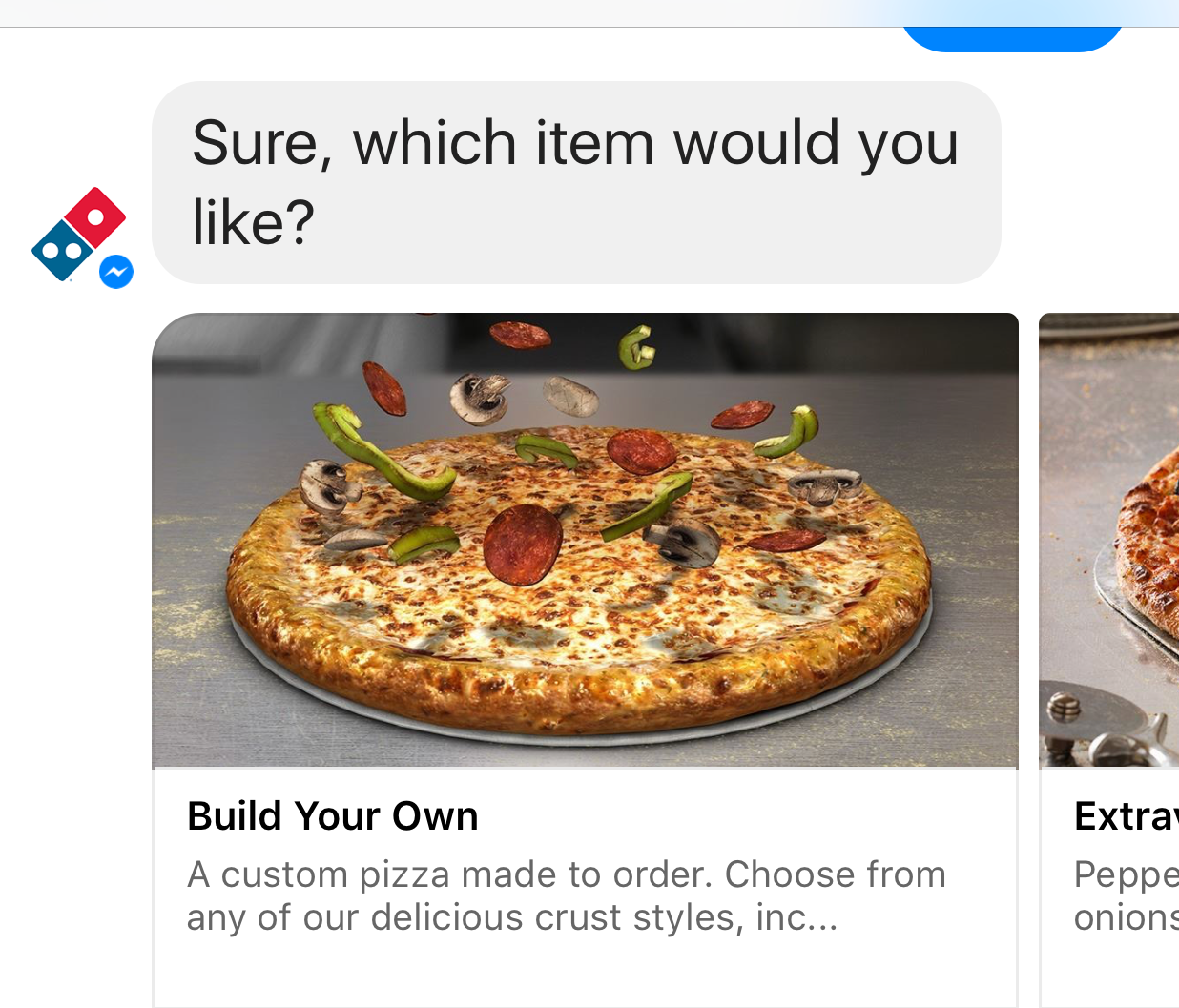 Screenshot of Dominos Pizza chatbot in Facebook Messenger