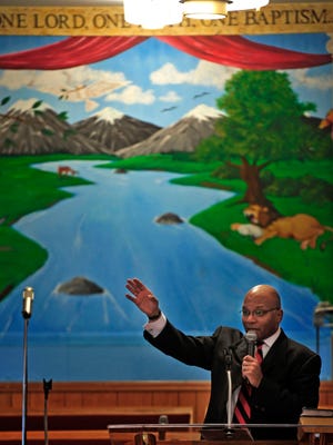 Pastor Darin G. Freeman preaches during the service at Tabernacle Baptist Church in Nashville on Feb. 8. Church leaders have a deal to sell the property to developers, who plan to build apartments.