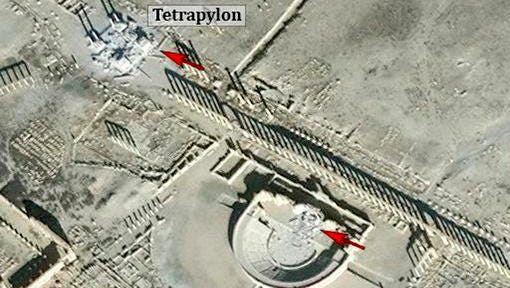 This satellite image released by the American Schools of Oriental Research (ASOR) on Friday, Jan. 20, 2017 as captured by DigitalGlobe shows the Roman theater at the UNESCO World Heritage Site of Palmyra, Syria with red denoting area of new damages on Jan. 10, 2017. Islamic State group militants destroyed a landmark ancient Roman monument and parts of the theater in Syria's historic town of Palmyra, the government and opposition monitoring groups said Friday.