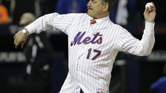 Keith Hernandez throws out the ceremonial first pitch before Game 1 of the National League baseball championship series between the New York Mets and the Chicago Cubs, in New York last October.