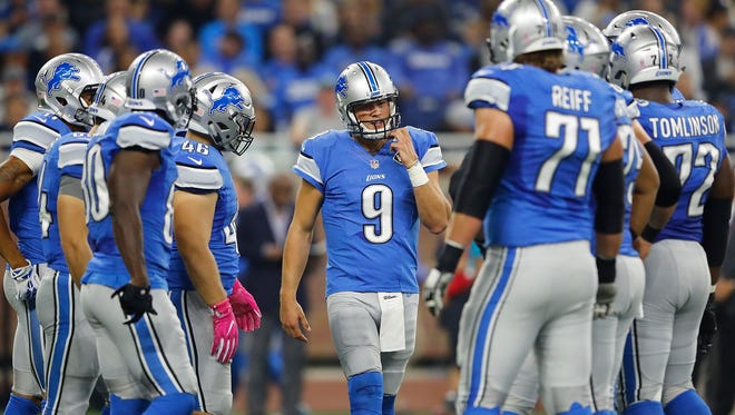 Quarterback Matthew Stafford of the Detroit Lions talks to his team Oct. 9, 2016, in Detroit.