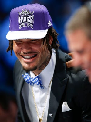 Willie Cauley-Stein answers questions during an interview after being selected sixth overall by the Sacramento Kings during the NBA basketball draft, Thursday, June 25, 2015, in New York. (AP Photo/Kathy Willens)