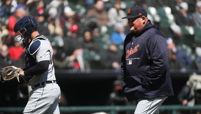 Detroit Tigers pitching coach Chris Bosio walks back to the dugout after a meeting at the mound in the second inning against the Chicago White Sox at Guaranteed Rate Field in Chicago on Saturday, April 7, 2018. The Tigers won, 6-1.