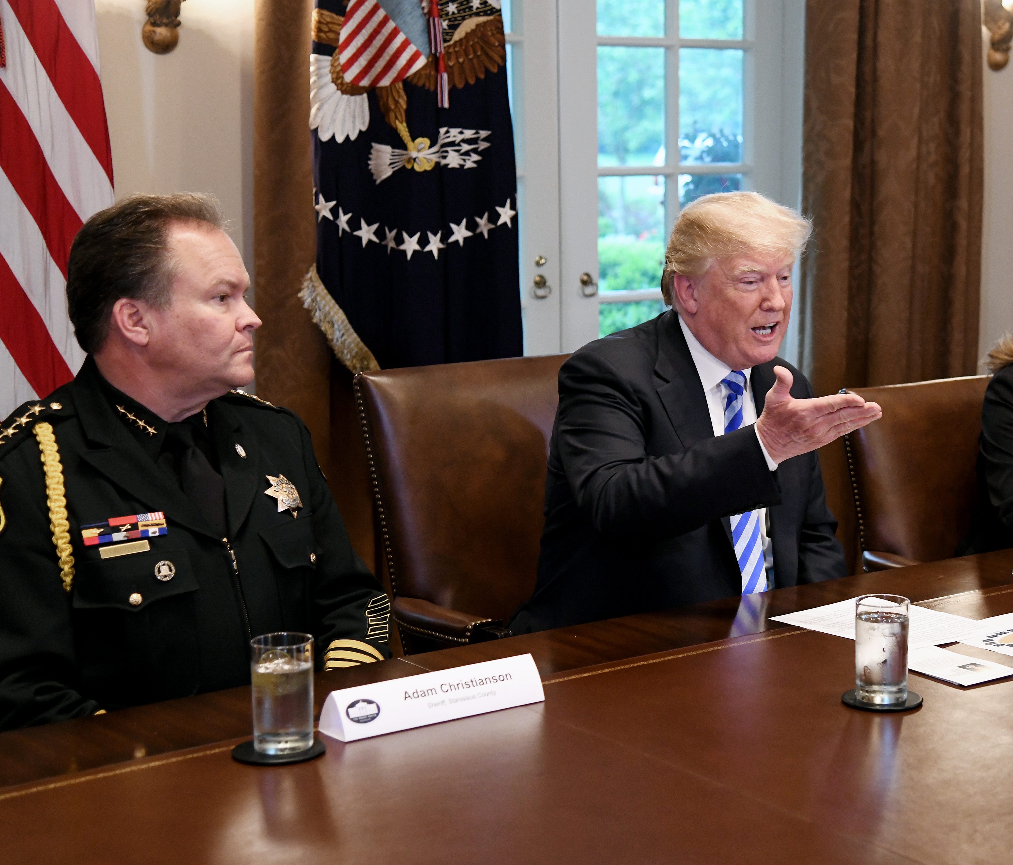 President Trump speaks during a meeting with California leaders and public officials who oppose California's sanctuary policies in the Cabinet Room of the White House Wednesday.