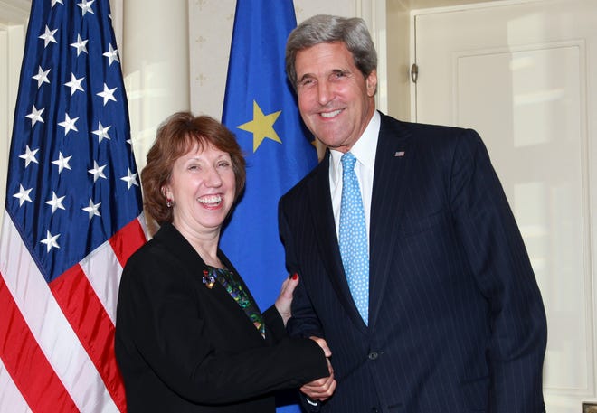 Secretary of State John Kerry meets with Catherine Ashton, High Representative of the European Union, at the United Nations on Sept. 23, 2013.