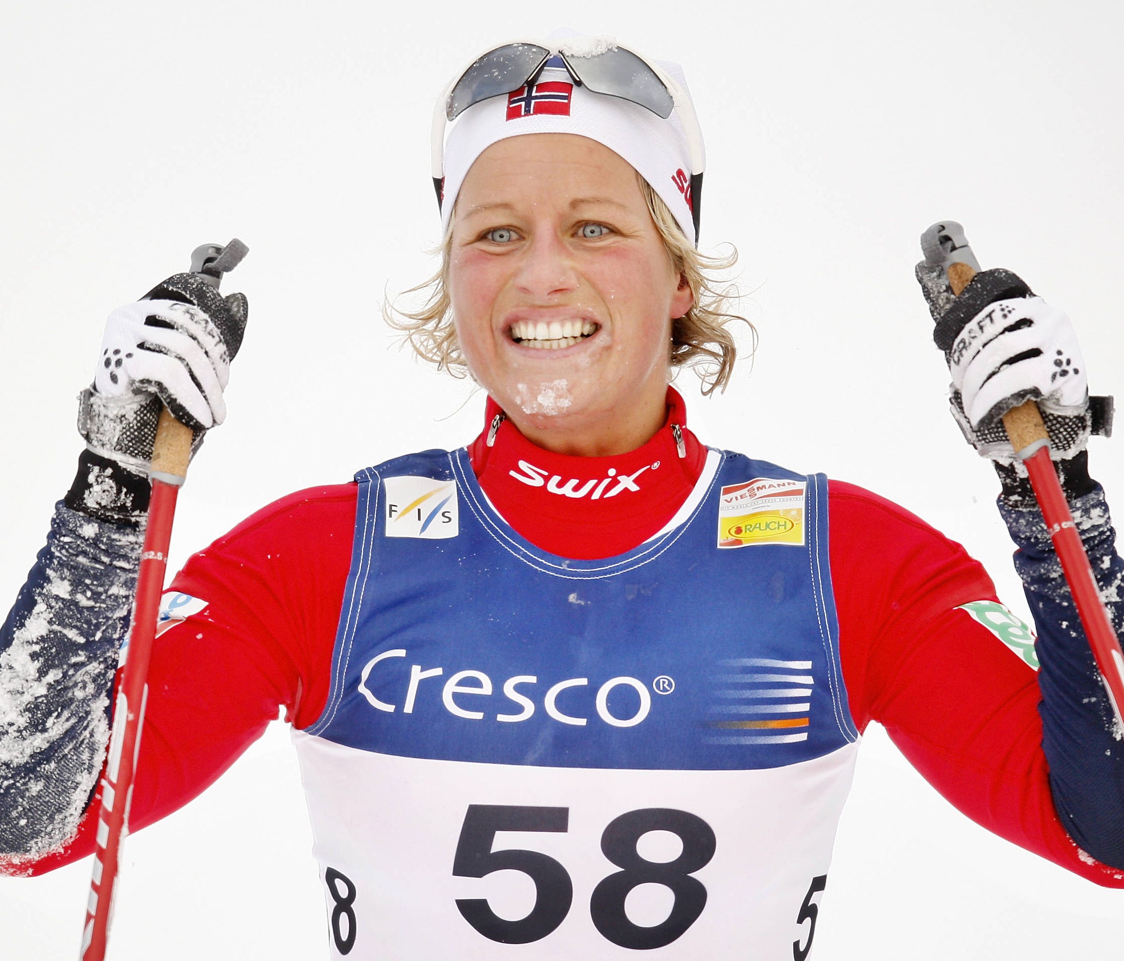 (FILES) In this file photo taken on November 24, 2007, Norway's Vibeke Skofterud, second placed in the women's World Cup 10-kilometer free style cross-country ski race, reacts as she crosses the finish line in Beitostolen, Norway.  Skofterud, 38, was 