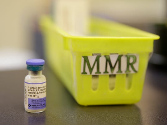 A measles vaccine is shown on a countertop at the Tamalpais