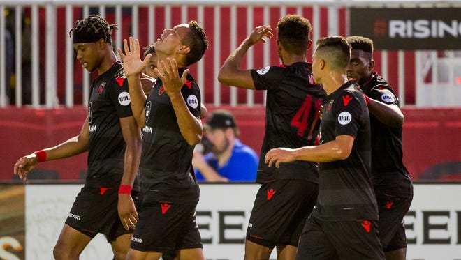 Phoenix Rising FC forward Chris Cortez reacts after scoring a goal on June 29, 2018, during Phoenix Rising FC's matchup against the Orange County Soccer Club at the Phoenix Rising FC Soccer Complex in Tempe, Arizona.