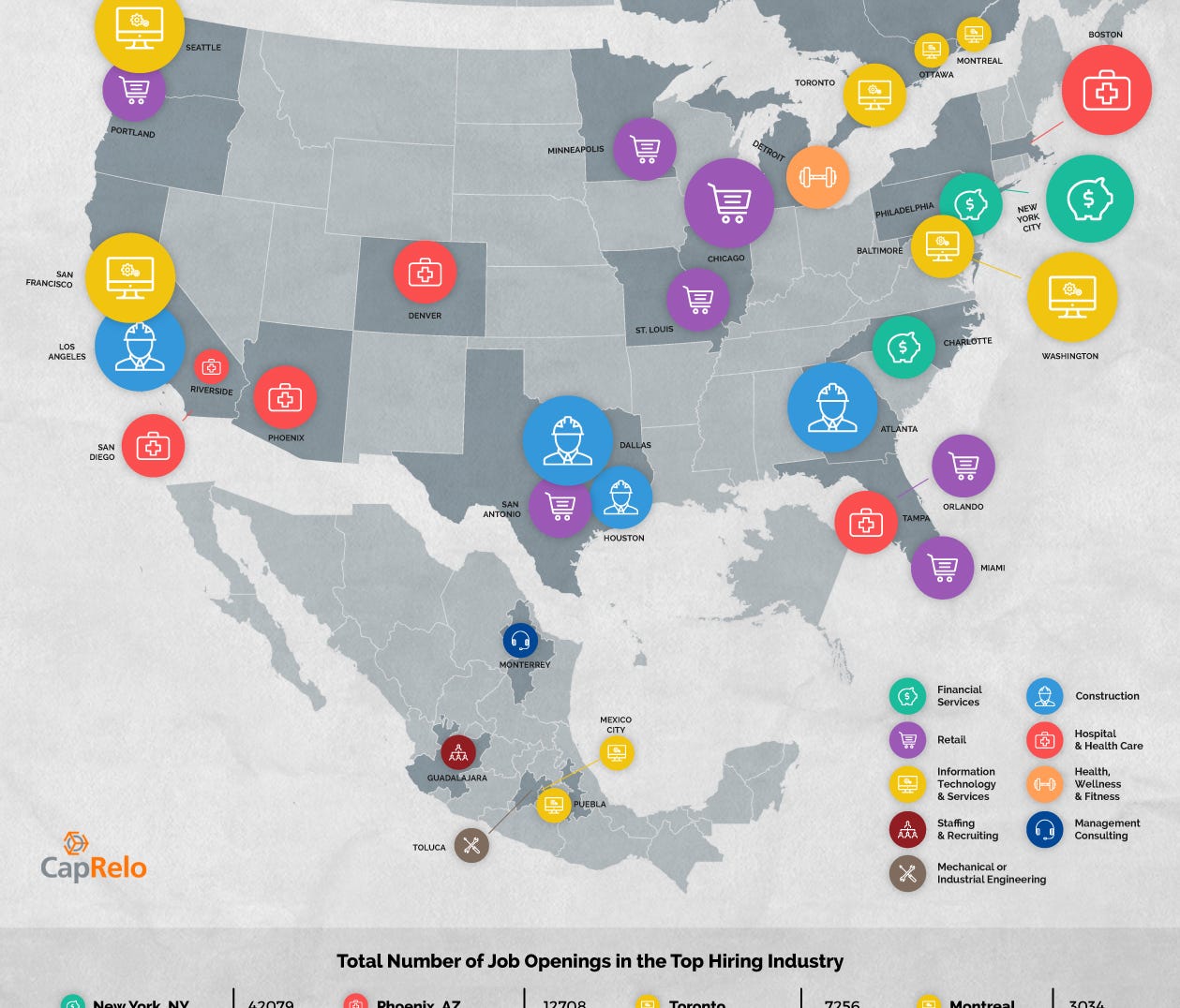 Map depicting largest hiring industries in top 25 metropolitan areas of the U.S., and top 5 in Canada and Mexico, based on information gathered from LinkedIn.
