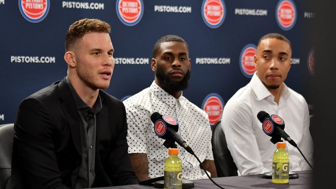 From left, new Pistons Blake Griffin, Willie Reed and Brice Johnson at a news conference at The Palace of Auburn Hills.
