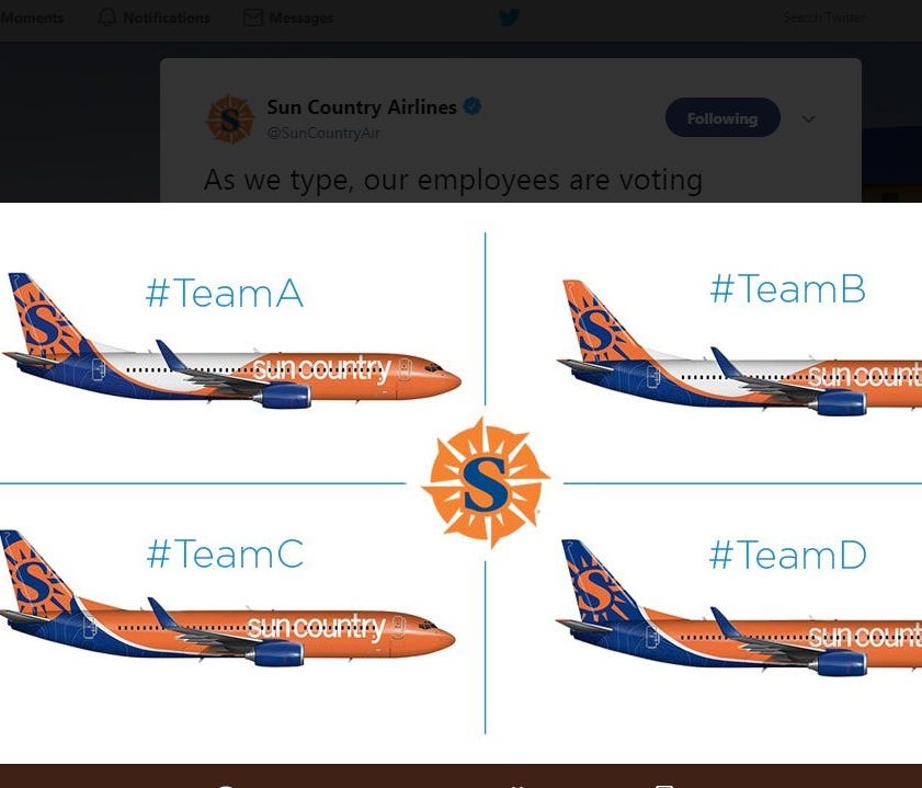 Sun Country employees are being asked to vote on a new paint scheme for the carrier's planes. These are the four possible combinations.