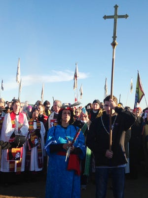 Members of the clergy join protesters against the Dakota Access crude-oil pipeline Nov. 3, 2016, in southern North Dakota near Cannon Ball.
