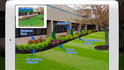 This image provided by iScape shows a screen shot of the company's web site showcasing before and after views of landscaping changes using their mobile garden and landscape design application.