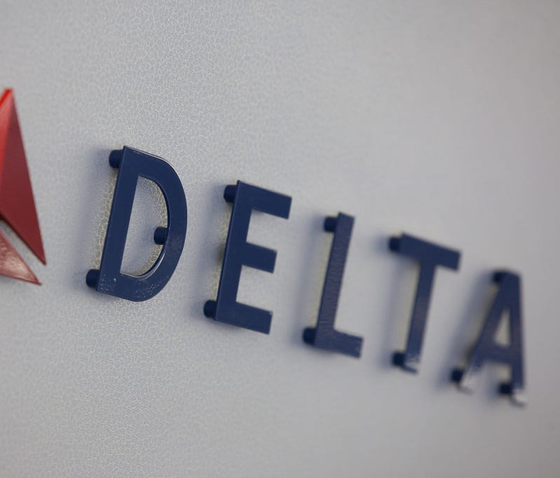 Delta Air Lines' logo is seen inside an Airbus A330 long-haul jet at Atlanta Hartsfield-Jackson International Airport on April 29, 2016.