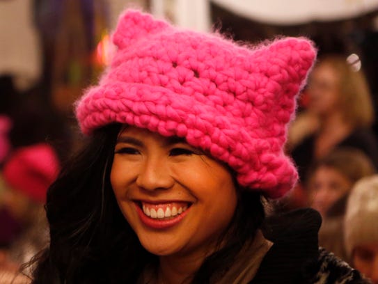 Krista Suh, co-creator of the pussyhat, wears one on Jan. 6, 2017 at The Little Knittery in Atwater Village, Calif.