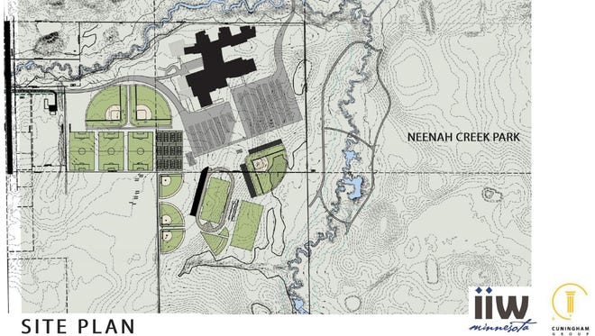 Preliminary site plans for St. Cloud school district's new high school on the south side of town, adjusted to avoid wetlands.