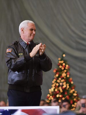 Vice President Pence speaks to troops in a hangar at Bagram Air Field in Afghanistan on Wednesday.