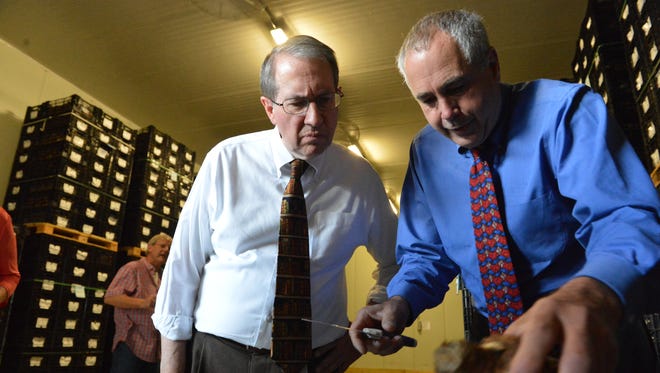 US Rep. Bob Goodlatte, R-Va., watches as local horticulturist Mark Viette demonstrates how a randomly selected flower bulb is selected from a lot of bulbs, sliced open and checked for quality during a tour of Bloomaker USA Inc. near Stuarts Draft on Monday, June 30, 2014.
