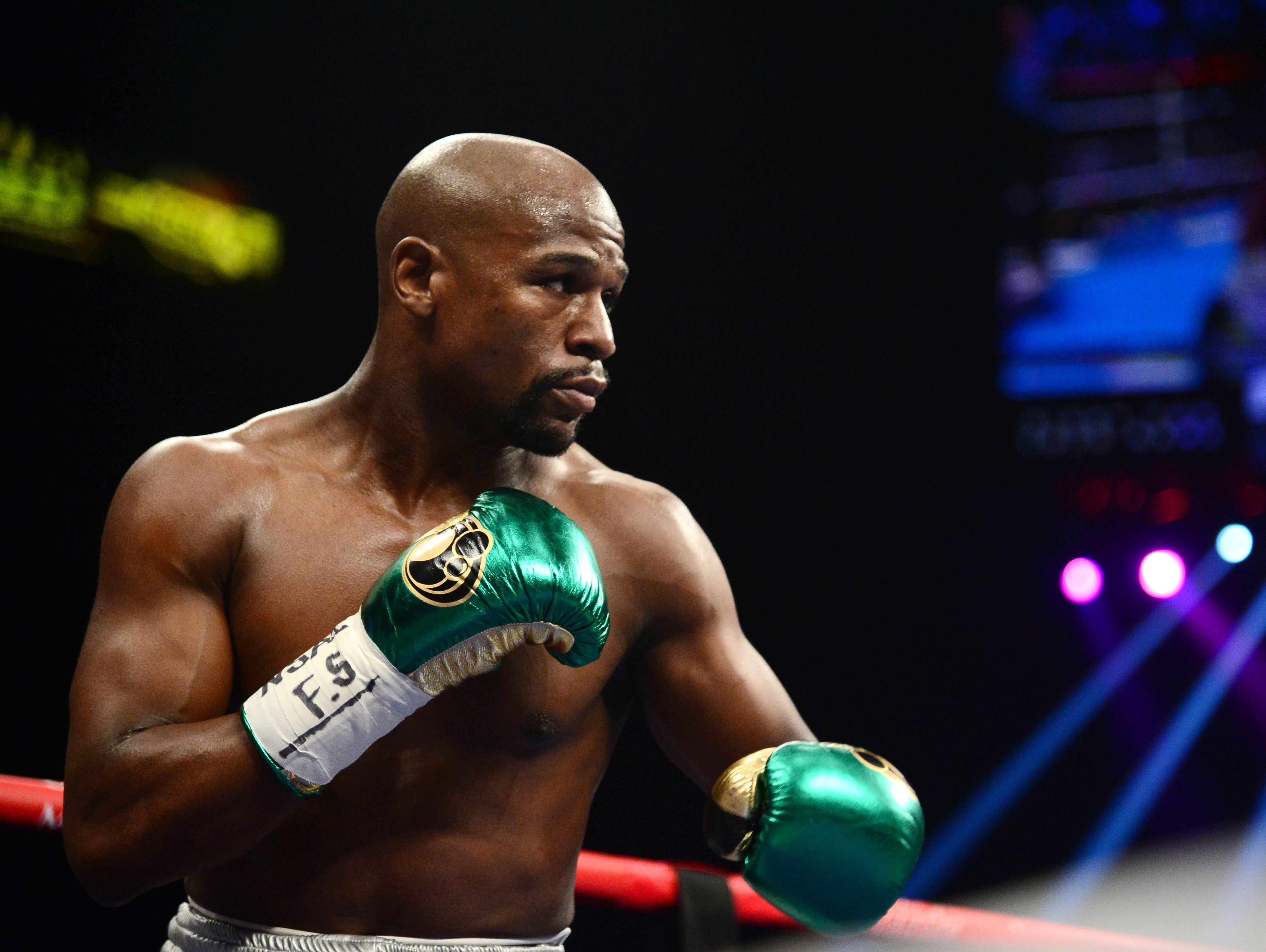 This photo from Sept. 12, 2015 shows Floyd Mayweather during his fight against Andre Berto at MGM Grand Garden Arena. Mayweather won via unanimous decision.