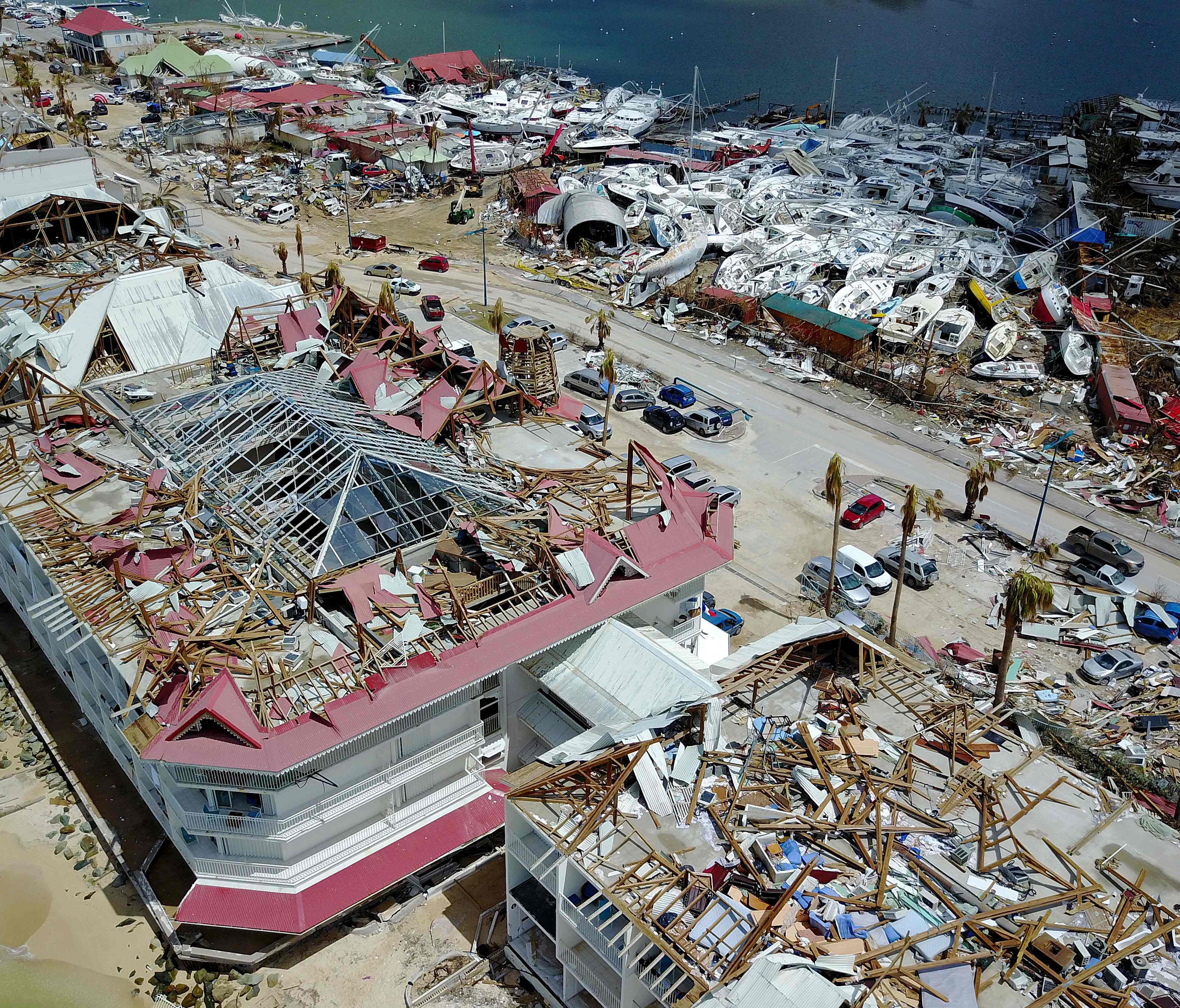 An aerial view shows extensive damage to houses and businesses in St. Martin on Sept. 15, 2017, days after Hurricane Irma struck this Caribbean island.