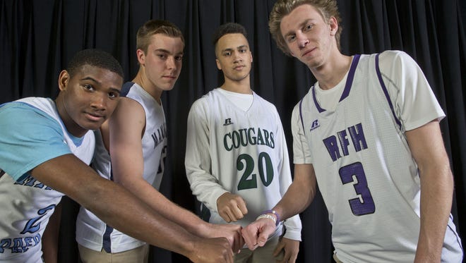 All-Shore basketball team. Left to right- NyQuan Nyke McCombs of Mater Dei Prep, Ryan Jensen of Manasquan, Lloyd Daniels of Colts Neck, and Brendan Barry of Rumson-Fair Haven.
Neptune, NJ 
Wednesday, March 22, 2016
@DhoodHood