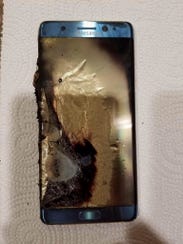 This Sept. 8, 2016, photo, shows a damaged Samsung