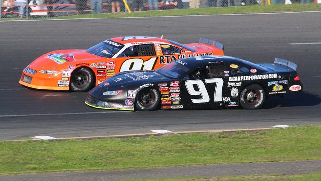 Joey Polewarczyk Jr. (97) and Patrick Laperle (91) had an entertaining battle for the lead in the American-Canadian Tour event at Airborne Park Speedway. Polewarczyk went on to win the Spring Green —his fourth career win at the Plattsburgh track.
