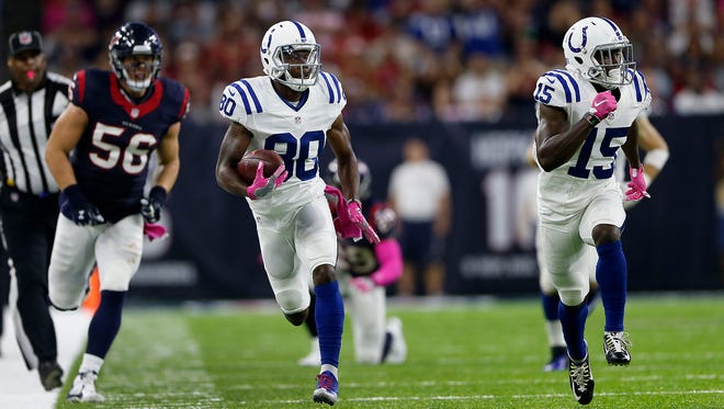 Indianapolis Colts wide receiver Chester Rogers (80) runs down the sideline for a big gain in the second quarter of their game at NRG Stadium in Houston on Oct. 16, 2016.