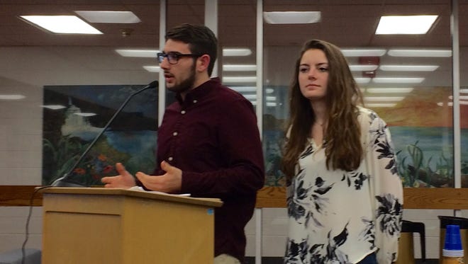 Verona High School students Austin Camp, at left, and Kelsey McKeen talk about their work with North Star Academy in Newark during a Tuesday, March 28, 2017 Verona Board of Education meeting.