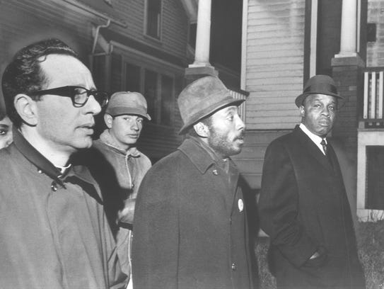 Comedian Dick Gregory (center, with Father James E. Groppi at left) brought his activism to Milwaukee numerous times, and led several fair-housing march in Milwaukee, like this one on Dec. 17, 1967.