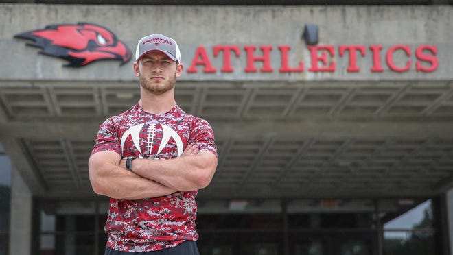Milford High's new strength and conditioning coach Ryan Gray stands outside of Milford High School on May 28, 2020. He will serve in that role this summer before returning to Springfield College in the fall.