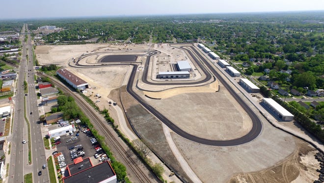 Aerial photograph taken with a DJI Phantom quadcopter flown by M1 Concourse employee Matt Zurbrick shows an overall look of the 87 acre site in Pontiac.