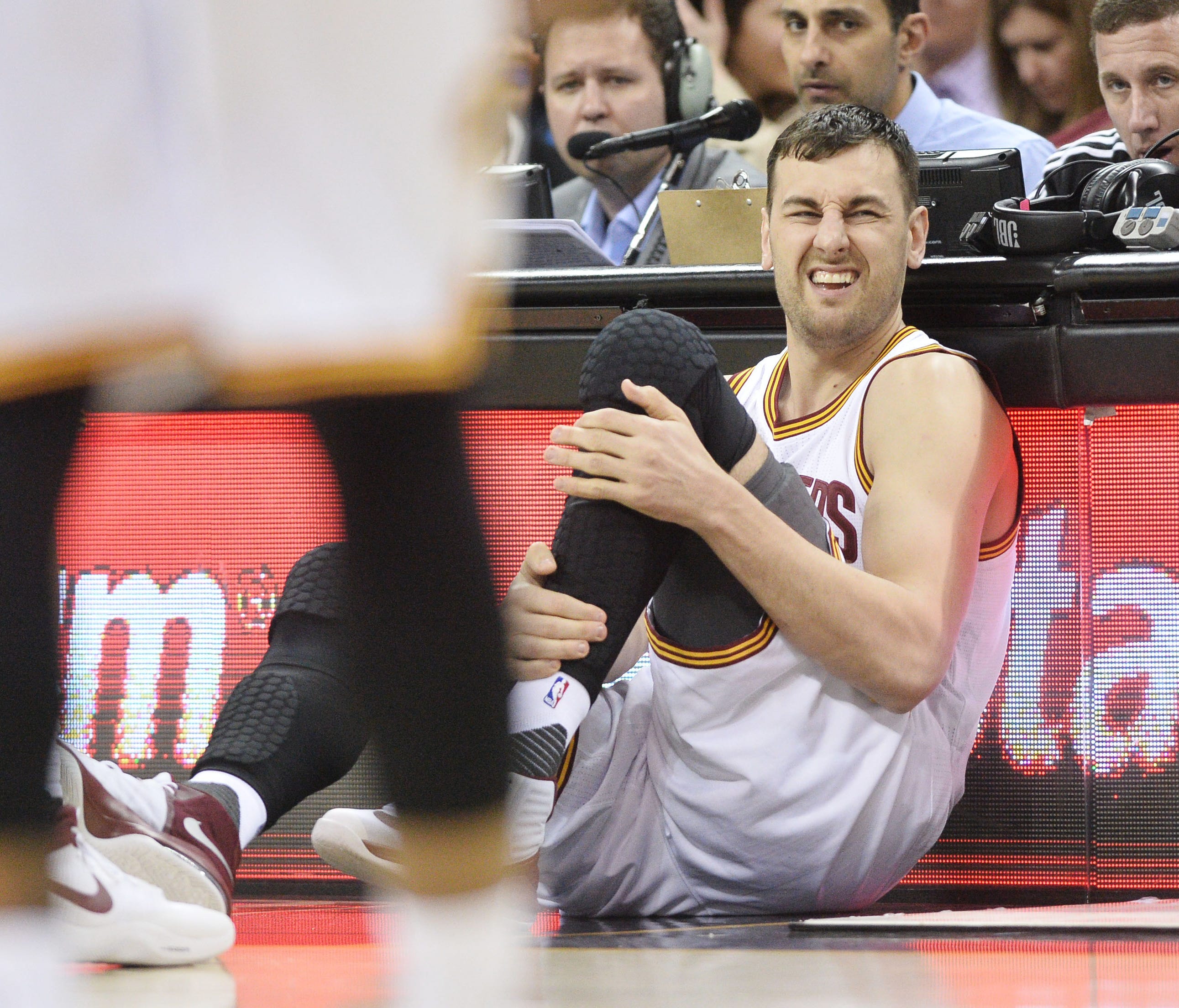 Cleveland Cavaliers center Andrew Bogut (6) lays on the floor after being injured during the first half against the Miami Heat at Quicken Loans Arena.