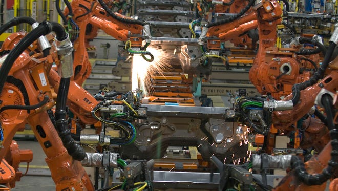 Part of the robotic welding line at the Warren Truck Assembly Plant in Warren, Michigan.