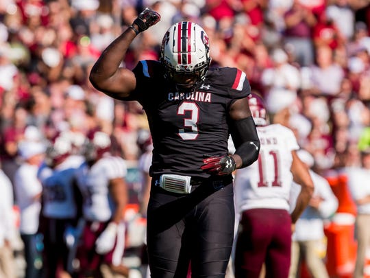 Oct 13, 2018; Columbia, SC, USA; South Carolina Gamecocks defensive lineman Javon Kinlaw (3) celebrates a play against the Texas A&M Aggies in the first quarter at Williams-Brice Stadium. Mandatory Credit: Jeff Blake-USA TODAY Sports