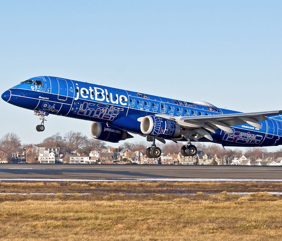 JetBlue provided this undated photo of an Embraer E190 painted in the carrier's new 