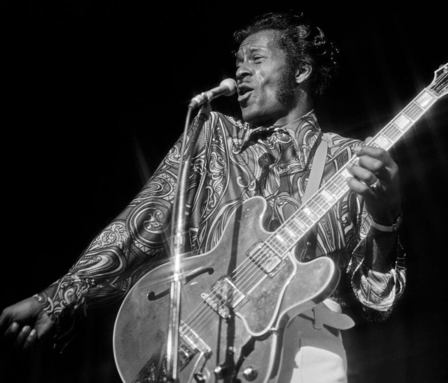 Chuck Berry performing at the Las Vegas Hilton on March, 8 1972.