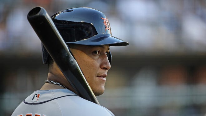 Miguel Cabrera #24 of the Detroit Tigers waits to bat in the 3rd inning against the Chicago White Sox in game two at Guaranteed Rate Field on May 27, 2017 in Chicago, Illinois.