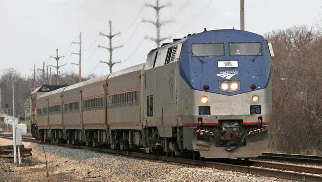 An Amtrak passenger train in a high-speed rail corridor in southwestern Michigan.